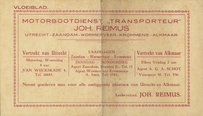 716367 Ongebruikt vloeiblad van Joh. Reimus, Motorbootdienst “Transporteur”, Van Wijckskade 4 te Utrecht.